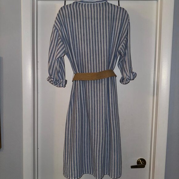 Blue and White stripe shirt dress midi with tan belt size medium 6-8 - Picture 12 of 13